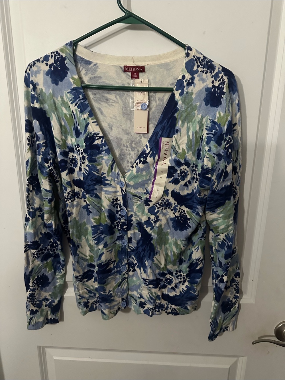 Merona Blue and Green Floral V-Neck Cardigan